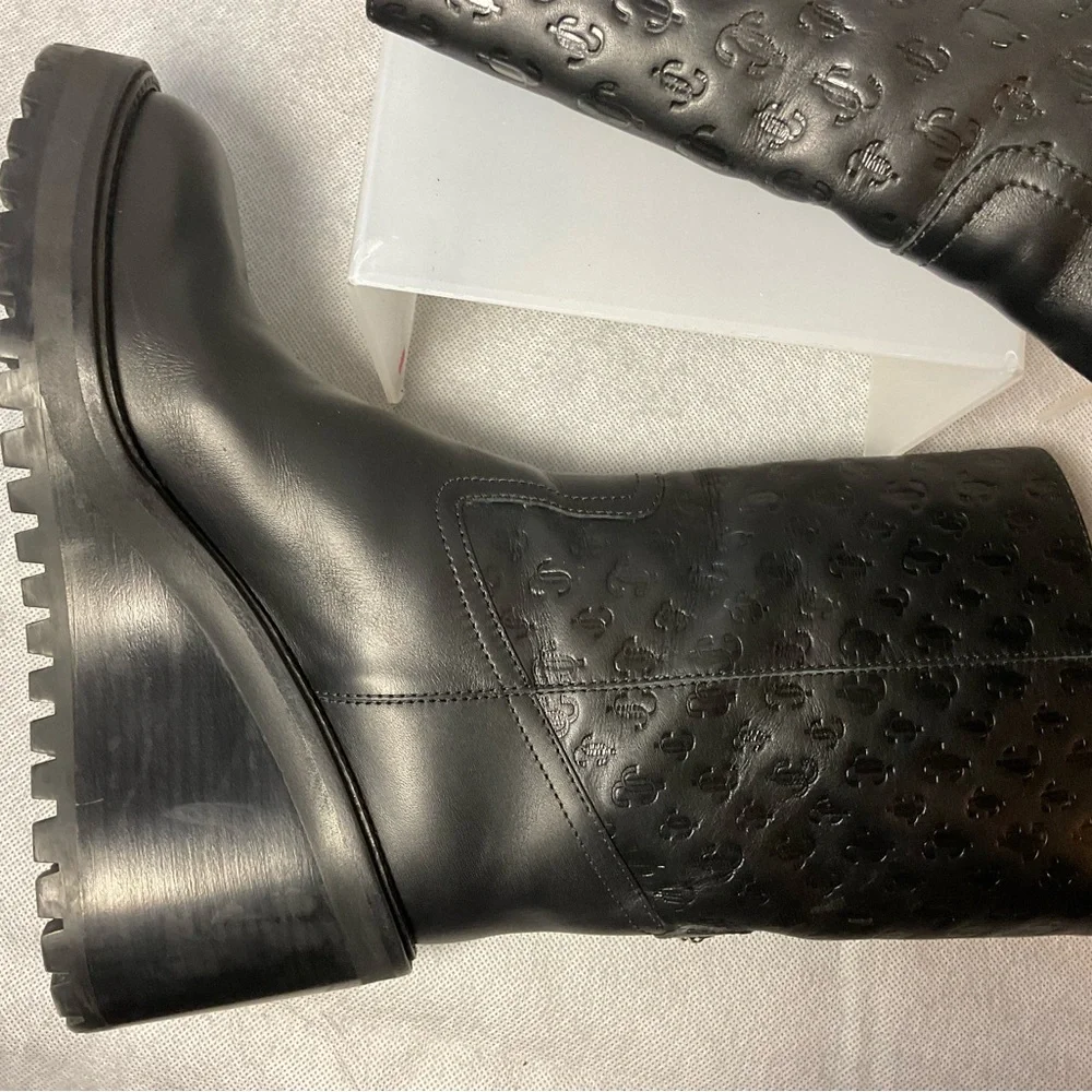 Jimmy Choo Monogram Embossed Leather Wedge Boots- Black- Barely Worn- Size 37.5 - Picture 2 of 14